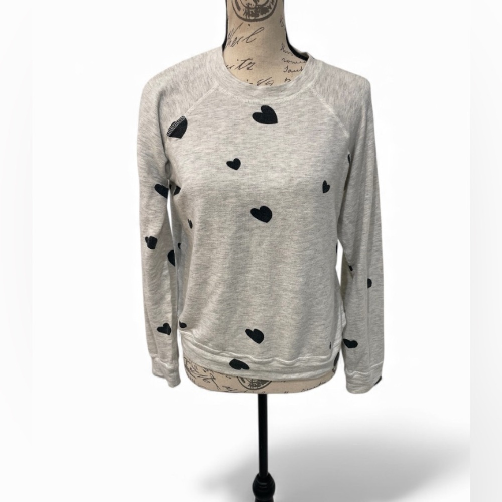 MONROW Heart Print Sweatshirt Gray & Black Hearts Size XS